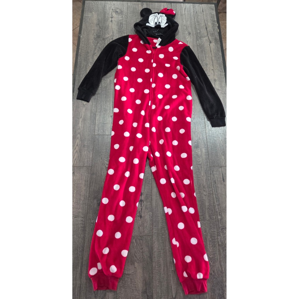 Disney Minnie Mouse Polka Dot Hooded One Piece Pajamas/Costume Red Black Med